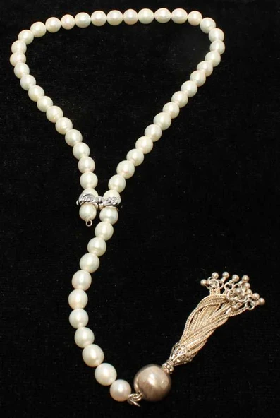 925 Ayar Gümüş Püsküllü İnci Kolye, Beyaz - Resim 2