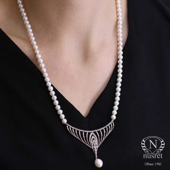 Gümüş İnci Kolye, Beyaz - Resim 2