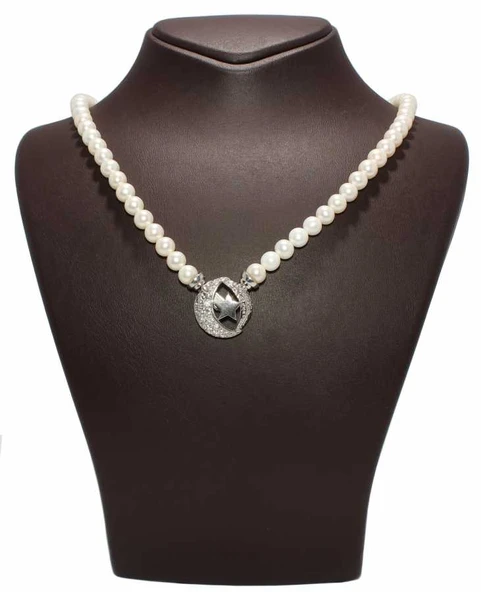 Gümüş Ay Yıldız Modeli İnci Kolye, Beyaz ürün görseli 1