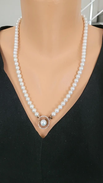 İnci Taşlı 925 Ayar Rose Gümüş Kolye ürün görseli