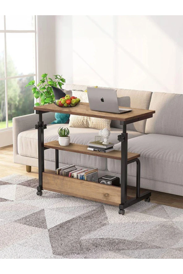 servetavcı Yükseklik Ayarlı ve Çift Raflı Çalışma Masası - Ceviz (Tekerli) 80x40 cm - Resim 2