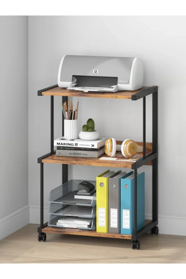 servetavcı Raflı Yazıcı Sehpası - Atlantik Çam 45x30 (Frenli Tekerli)