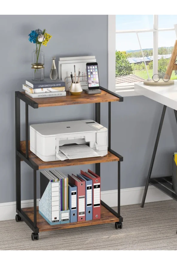 servetavcı Raflı Yazıcı Sehpası - Atlantik Çam 45x30 (Frenli Tekerli) - 2