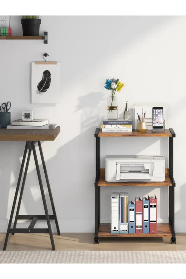 servetavcı Raflı Yazıcı Sehpası - Atlantik Çam 45x30 (Frenli Tekerli) - 3