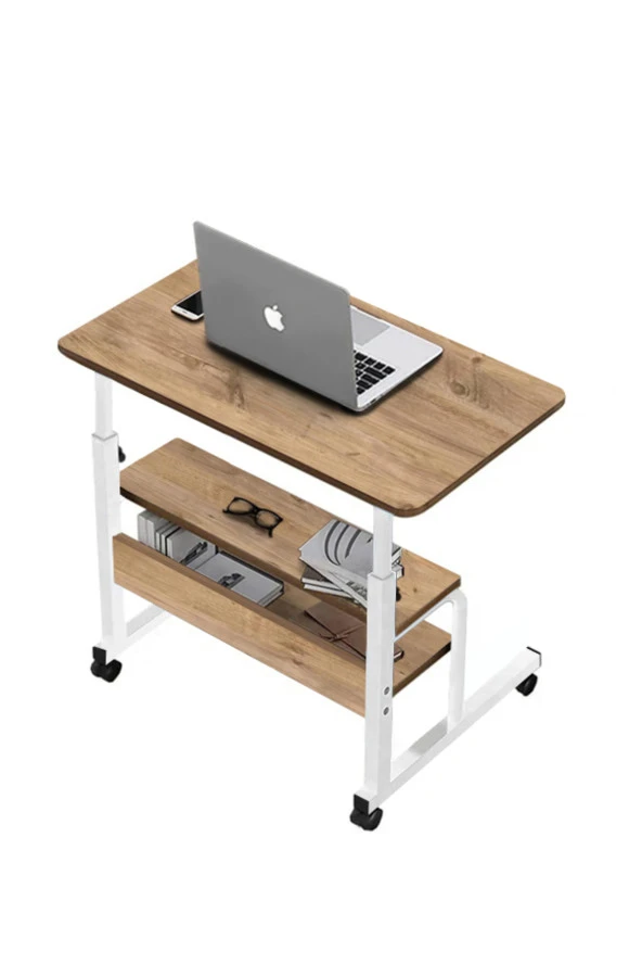 servetavcı Yükseklik Ayarlı Ve Çift Raflı Laptop Sehpası Ve Çalışma Masası - Çam Beyaz (Tekerli) 70x40