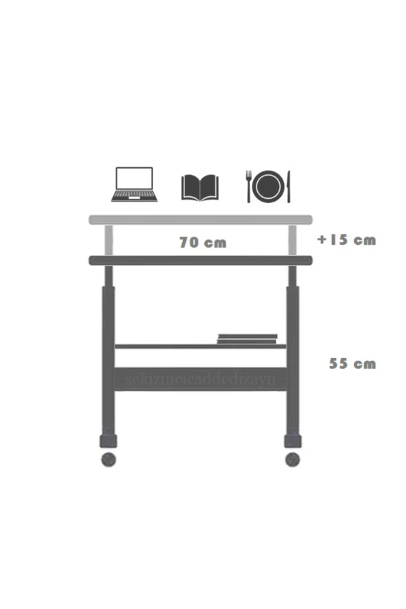 servetavcı Yükseklik Ayarlı Ve Çift Raflı Laptop Sehpası Ve Çalışma Masası - Çam Beyaz (Tekerli) 70x40 - 2
