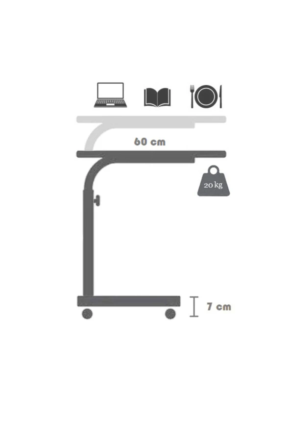 servetavcı Yükseklik Ayarlı Laptop ve Servis Sehpası - Atlantik Çam Beyaz (Tekerli) Oval Kenar - Resim 2