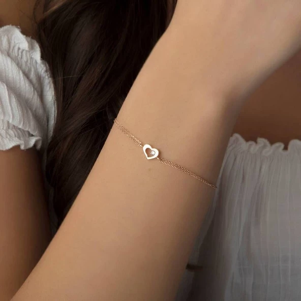 Altın Zincir Kalp Bileklik 14K Rose Gold Taşlı - Resim 2