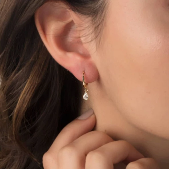 Damla Taşlı Altın Sallantılı Küpe 14K Gold - 2