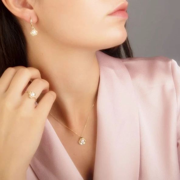 Altın 3'lü Takı Seti İstiridye 14K Gold - Resim 2