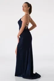 İnce Askılı Yırtmaç Detaylı Uzun Abiye Leruu - Resim 3