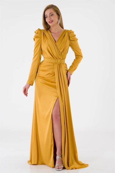 Kruvaze Yaka Omuz Detaylı Yırtmaçlı Abiye Deiha ürün görseli