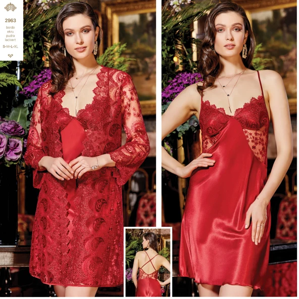 Jeremi 2963 Saten Dantelli Kısa Gecelik Sabahlık 2'li Takım - 2