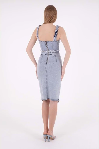 Yandan Yırtmaç Detaylı ve Önü Pensli Dar Kalıplı Cepsiz Kadın Kot Etek Kar Açık Mavi Denim - 4