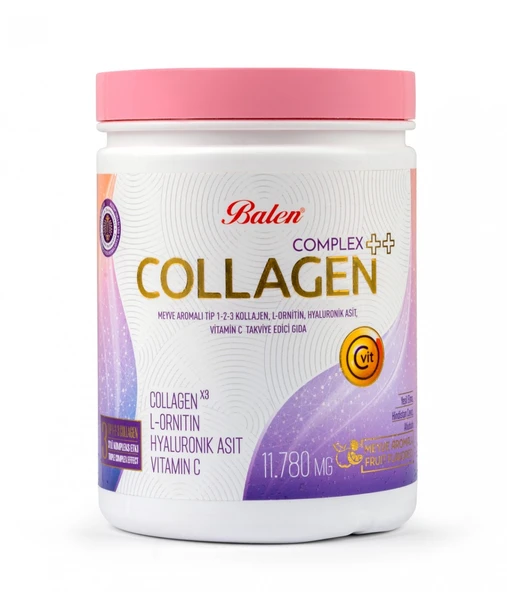COLLAGEN COMPLEX ++ MEYVE AROMALI TİP 1,2,3 KOLAJEN , L-ORNİTİN, HYALURONİK ASİT, VİTAMİN C ürün görseli 1