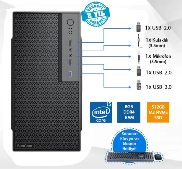 SUNCOM Force SC3-106 i5-12400 8GB 512GB M.2 SSD O/B DOS Masaüstü PC Wi-Fi