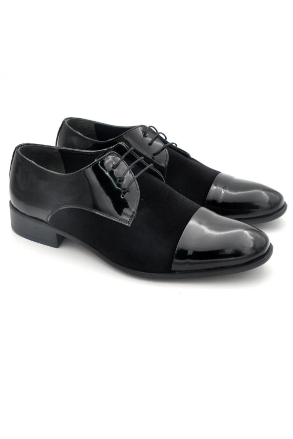 Siyah Rugan Süet Garnitürlü Hakik Deri Bağcıklı Klasik Erkek Ayakkabı