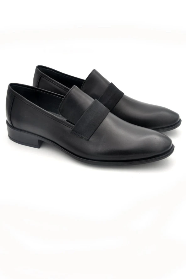 Siyah Düz Model Hakik Deri Bağcıksız Klasik Erkek Ayakkabı