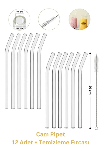Cam Pipet 12 Adet ve Pipet Temizleme Fırçası, Cam bardak pipeti, Kalın Cam Pipet