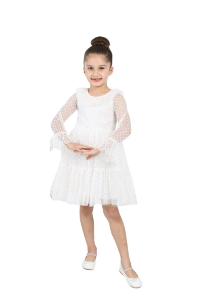 ÇocukYoluKids Puantiyeli Tüllü Beyaz Kız Çocuk Elbise A1111141111020 - 5