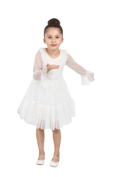 ÇocukYoluKids Puantiyeli Tüllü Beyaz Kız Çocuk Elbise A1111141111020 - 2