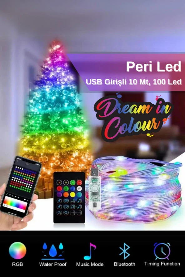 RGB Peri Led, 10 Metre, 100 Led, USB girişli, WS2812B Animasyonlu, Telefon Kontrollü, Kumandalı Led