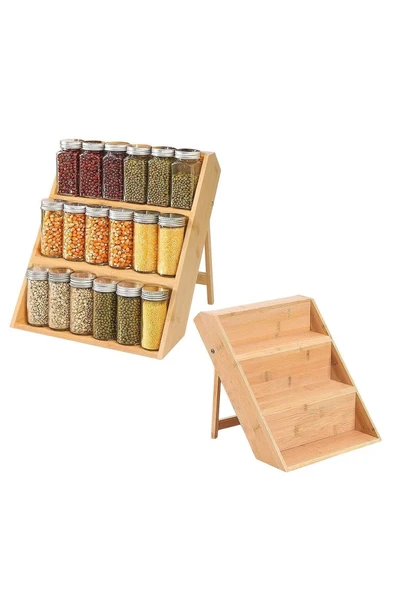 Bambu 3 Katlı Katlanır Ayaklı Baharatlık Standı Çekmece İçi Baharatlık Standı, Bambu Organizer - Resim 3