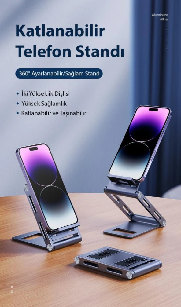 Coofbe Alüminyum Yükseklik Ayarlı Katlanabilir Masaüstü Telefon Tutucu Telefon Standı Kaymaz Taban - 3