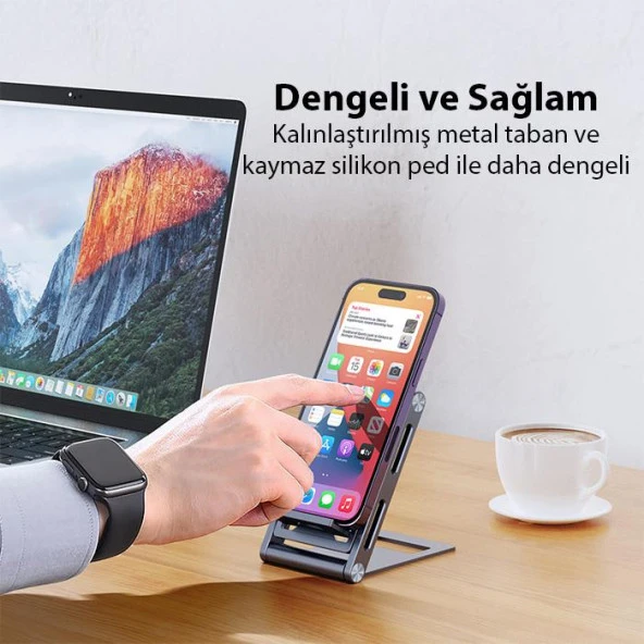 Coofbe Alüminyum Yükseklik Ayarlı Katlanabilir Masaüstü Telefon Tutucu Telefon Standı Kaymaz Taban - 5