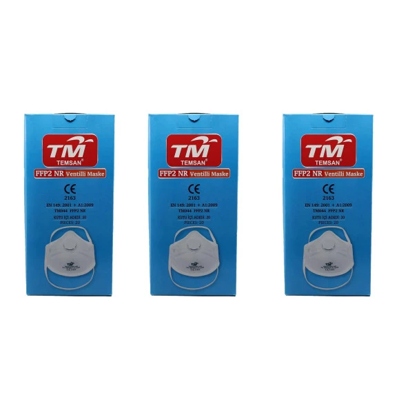 TM Temsan Beyaz Ventilli FFP2 NR Toz İş Güvenlik Sanayi Boya Konik Maske - 20 Adetlik 3 Paket