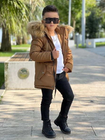 MODAVALS ERKEK ÇOCUK GARSON BEDEN İTHAL TAK ÇIKAR KÜRKLÜ CEPLİ FERMUARLI DÜĞMELİ BONDİT KUMAŞ KIŞLIK MONT-KAHVE 851247961 - 6