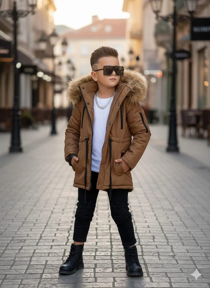 MODAVALS ERKEK ÇOCUK GARSON BEDEN İTHAL TAK ÇIKAR KÜRKLÜ CEPLİ FERMUARLI DÜĞMELİ BONDİT KUMAŞ KIŞLIK MONT-KAHVE 851247961 - Resim 5