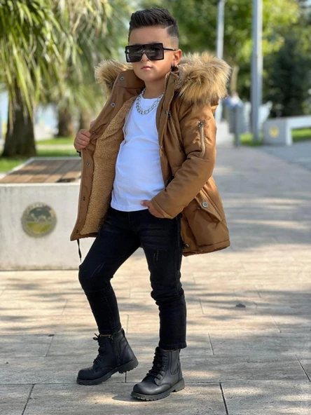 MODAVALS ERKEK ÇOCUK GARSON BEDEN İTHAL TAK ÇIKAR KÜRKLÜ CEPLİ FERMUARLI DÜĞMELİ BONDİT KUMAŞ KIŞLIK MONT-KAHVE 851247961 - 4