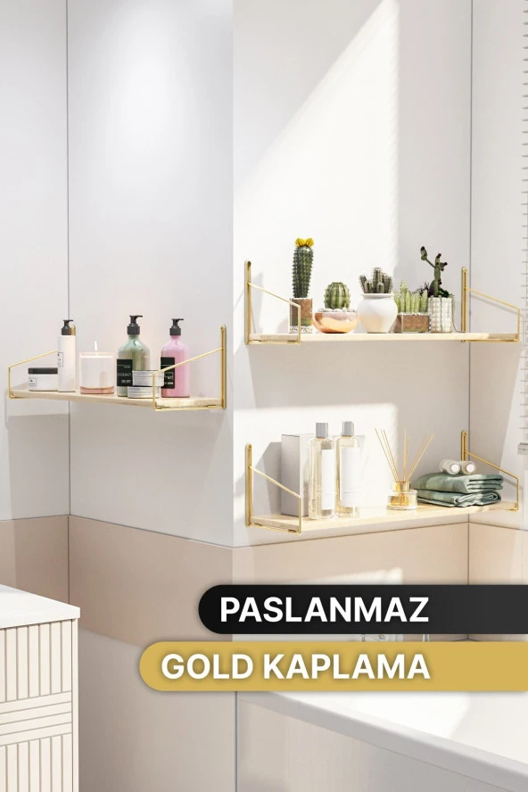 Bino Mutfak Rafı Duvar Rafı Parlak Gold Kaplama Masif Ahşap Raf 2li Set Lüks Dekoratif Banyo Antre Rafı - 2