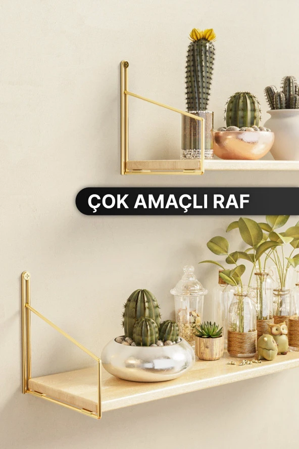 Bino Mutfak Rafı Duvar Rafı Parlak Gold Kaplama Masif Ahşap Raf 2li Set Lüks Dekoratif Banyo Antre Rafı - 4
