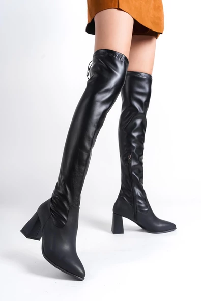 Khaiten Siyah Streç Dizüstü Kalın Topuklu Esnek Çorap Çizme - 2