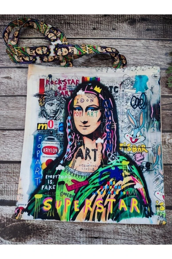 Popart Mona Lisa Desenli Baskılı Kumaş Çanta Omuz Askılı Bez Çanta