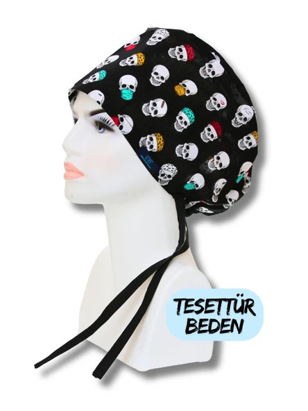 Tesettür Siyah Kurukafa Desenli Cerrahi Bone Doktor Hemşire Sağlıkçı Bonesi Geniş Kesim
