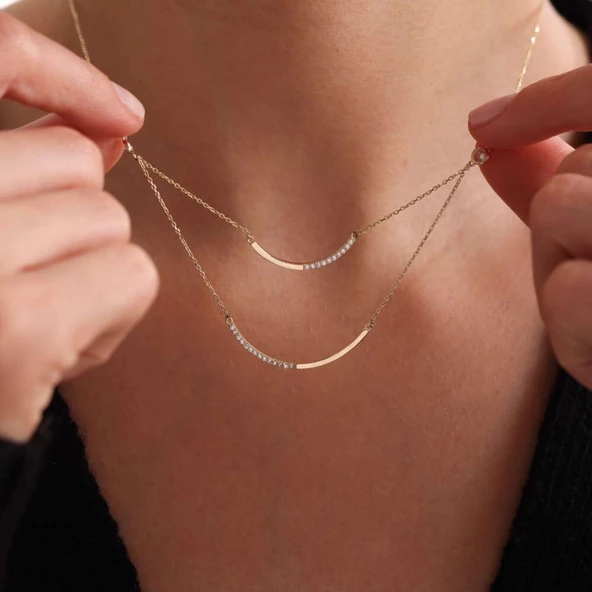 Altın Çubuk Kolye Çift Zincir ürün görseli 1