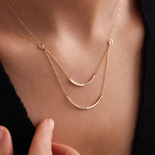 Altın Çubuk Kolye Çift Zincir - Resim 3