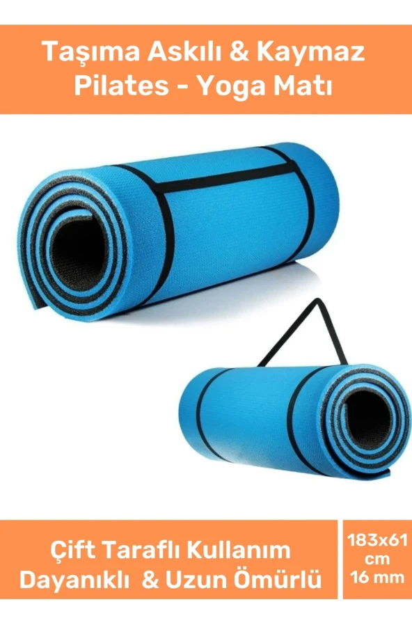 Taşıma Askılı Konfor Modeli Çift Taraflı Kaymaz Yoga Meditasyon Minderi 16mm Mavi Siyah Mat