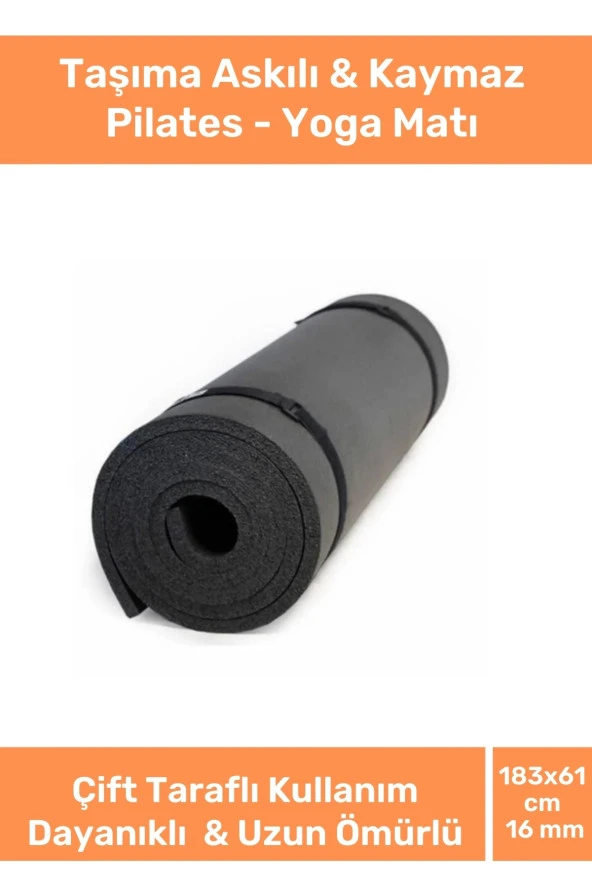 Dayanıklı Taşıma Askılı Konfor Modeli Çift Taraflı Kaymaz Yoga Meditasyon Minderi 16mm Siyah Mat ürün görseli 1