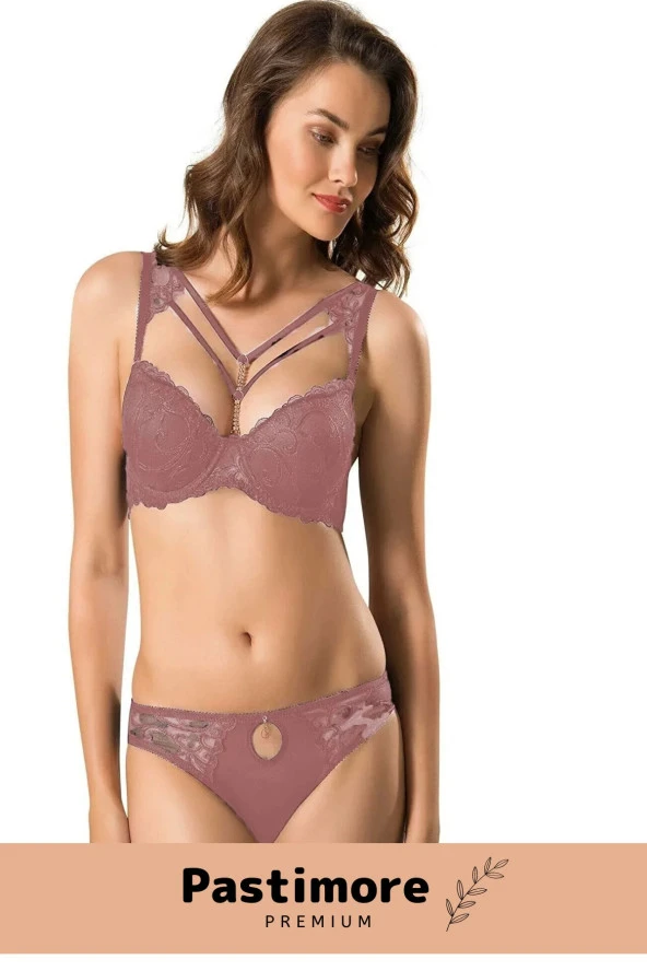 Yeni Sezon Push Up Destekli Dokuma Straplez Kadın Silikonlu Taşlı Sütyen Takım - 2