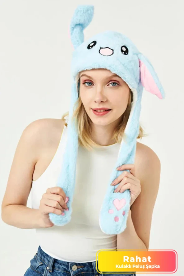 Özel Üretim Kışlık Sevimli Hafif Taşınabilir Zarif Pratik Rahat Hareketli Tavşan Kulaklı Peluş Şapka ürün görseli 1