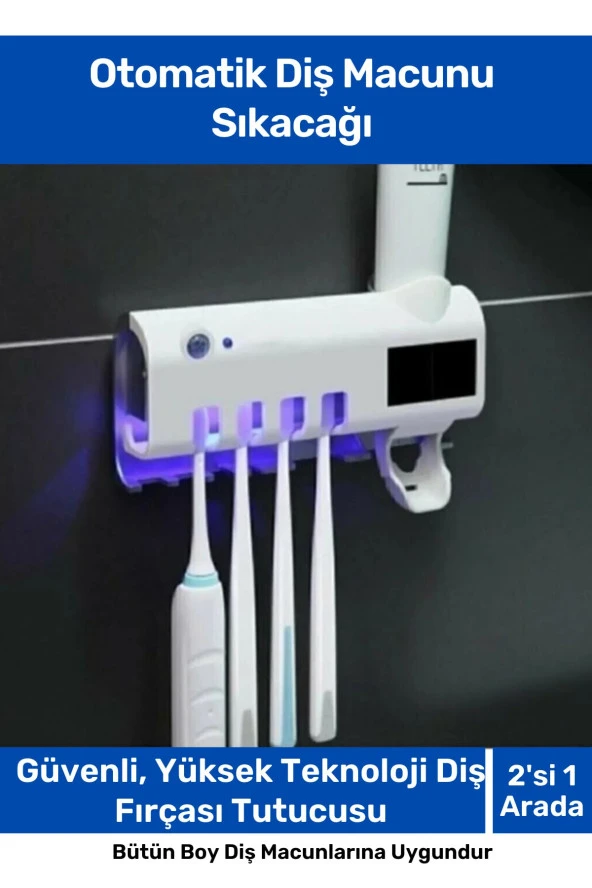 Pratik Usb Şarjlı Ve Güneş Enerjili Otomatik Diş Macunu Sıkacağı 4 Adet Diş Fırçalığı Tutucu