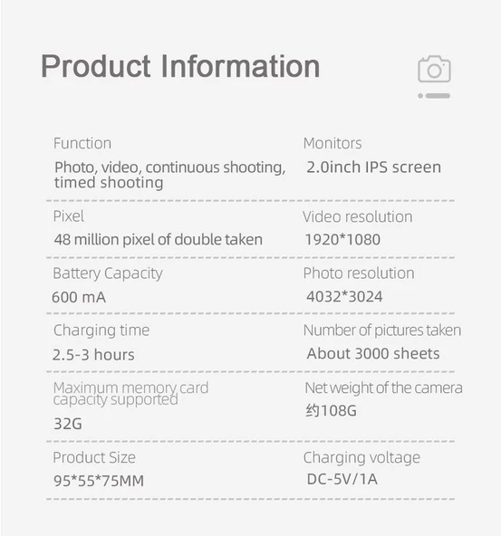 Torima S8 Taşınabilir 1080p Dijital Video Kayıt Fotoğraf Çocuk Kamerası 2.0 Inç IPS Ekran Mavi - 6