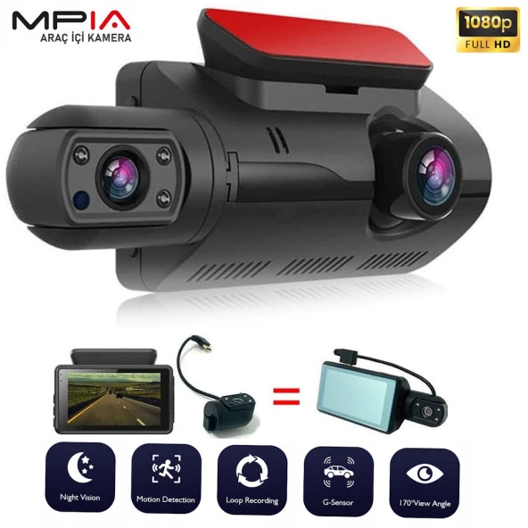 MPIA A68 Dual Lens 3.0" Ekranlı 1080p Çift Kameralı Araç İçi Kamera