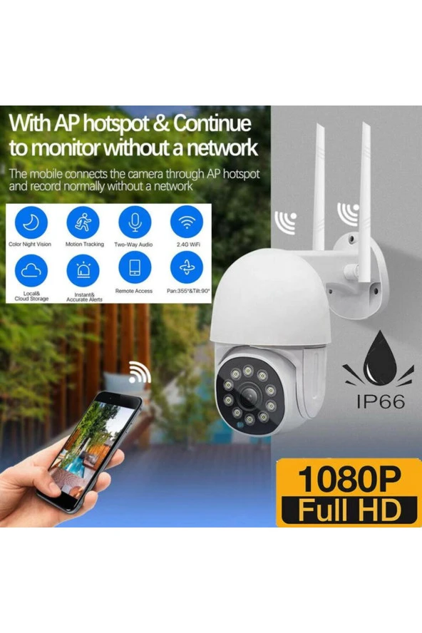 Dış Mekan Full Hd Wifi Kablosuz Kamera Su Geçirmez Hareket Sensörlü Gece Görüşlü Ip Kamera
