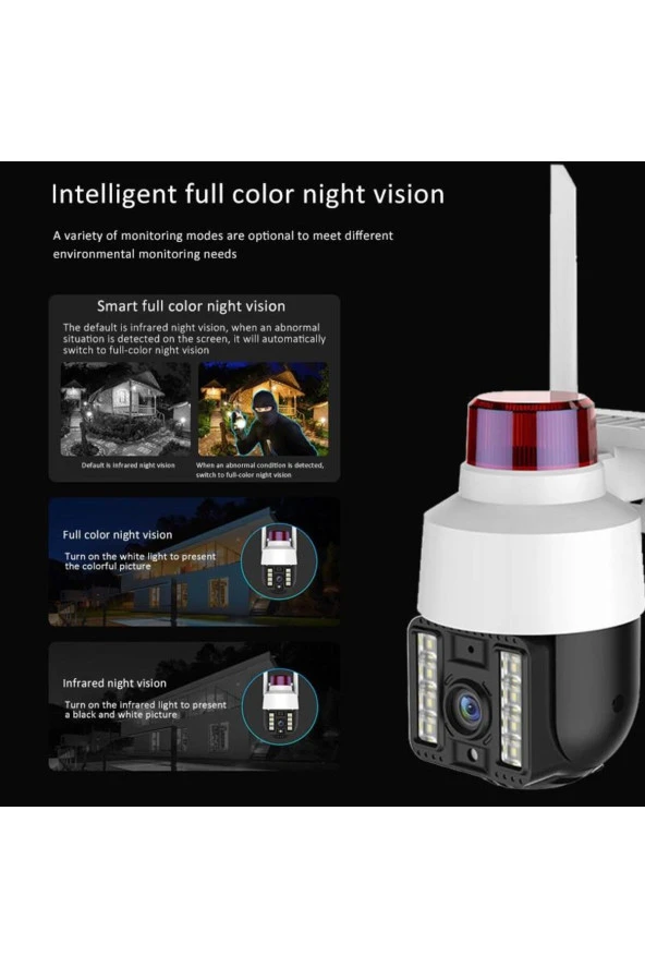Gece Görüşlü Led Işıklı 360° Dönebilen Alarmlı Ip Wifi Dış Ortam Güvenlik Kamerası Polis ışıklı - 5
