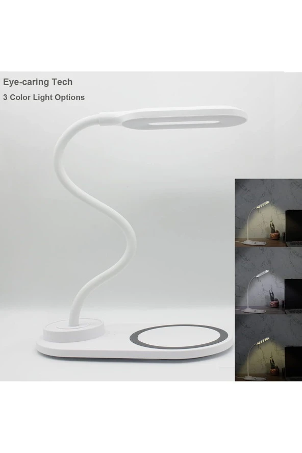Kablosuz Şarj Standlı Masaüstü Usb Lamba 3 Modlu Yeni Nesil Hem Lamba Hem Şarj Ikisi Bir Arada Beyaz - 5